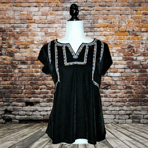 Black Crushed Velvet Cap Sleeve Top with Embroidery Bunting detail